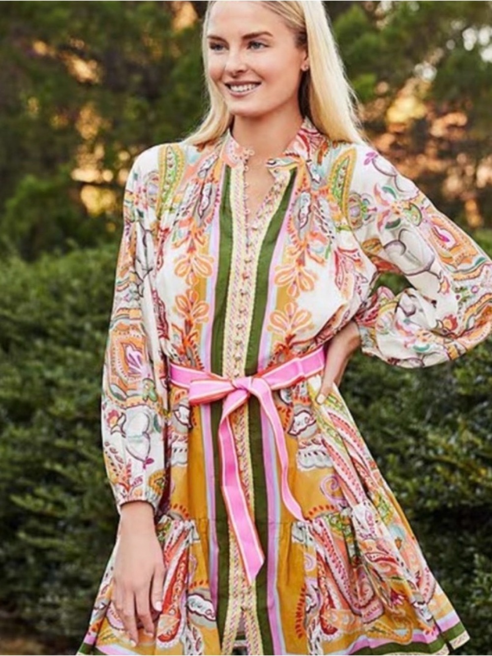 Antonio Melani - Boho Paisley Tie-Waist Dress in Pink and Mustard size 14